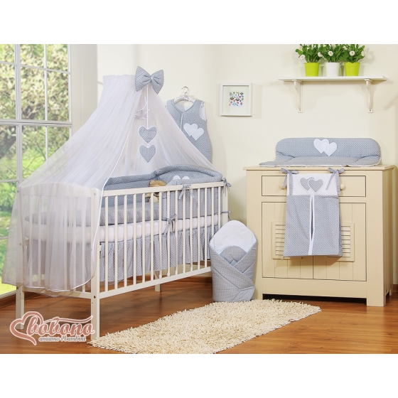 Baby Cot Bed Mosquito-net made of tulle- Hanging Hearts white polka dots on gray