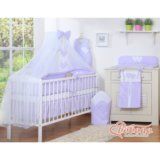 Baby Cot Bed Mosquito-net made of tulle- Hanging Hearts white polka dots on lilac