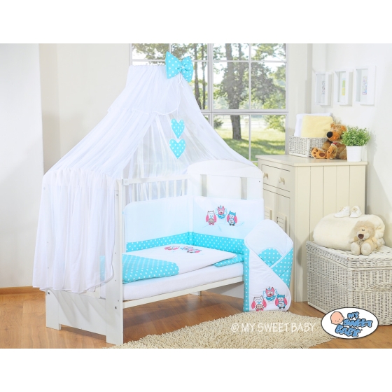 Baby Cot Bed Mosquito-net made of tulle- Owls turquoise
