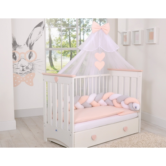 Baby Cot Bed Mosquito-net made of tulle- white with powder rosa hearts
