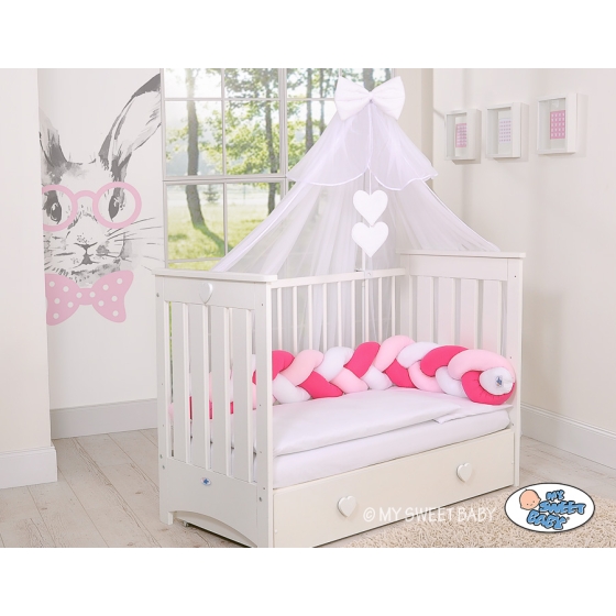 Baby Crib/Cot Braided Bumper 180cm - white-dark pink-pink