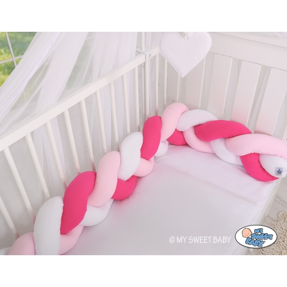 Baby Crib/Cot Braided Bumper 180cm - white-dark pink-pink