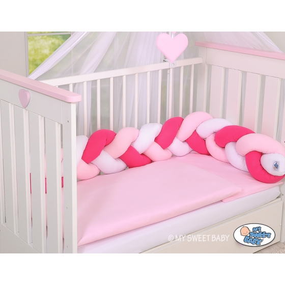 Baby Crib/Cot Braided Bumper 180cm - white-dark pink-pink