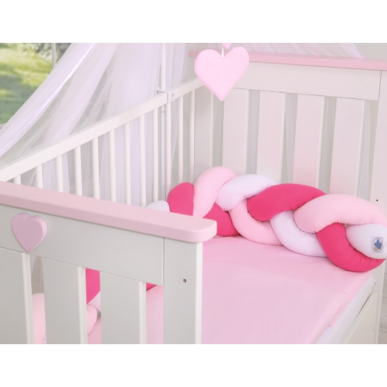 Baby Crib/Cot Braided Bumper 180cm - white-dark pink-pink