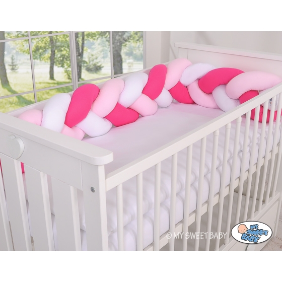 Baby Crib/Cot Braided Bumper 180cm - white-dark pink-pink