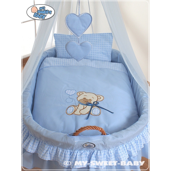 Baby Moses Basket on Wheels / Wicker drape crib- Bear with bow blue