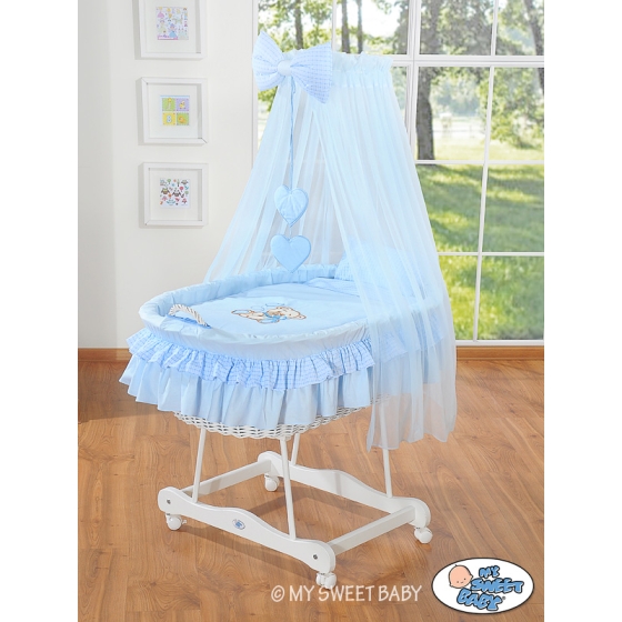 Baby Moses Basket on Wheels / Wicker drape crib- Bear with bow blue