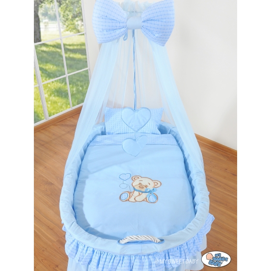 Baby Moses Basket on Wheels / Wicker drape crib- Bear with bow blue