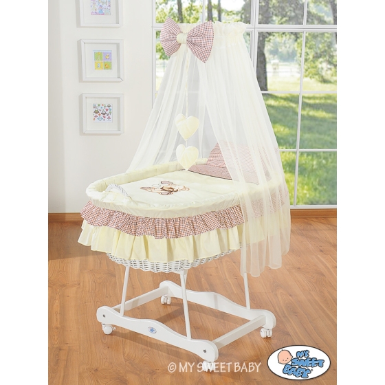 Baby Moses Basket on Wheels / Wicker drape crib- Bear with bow brown