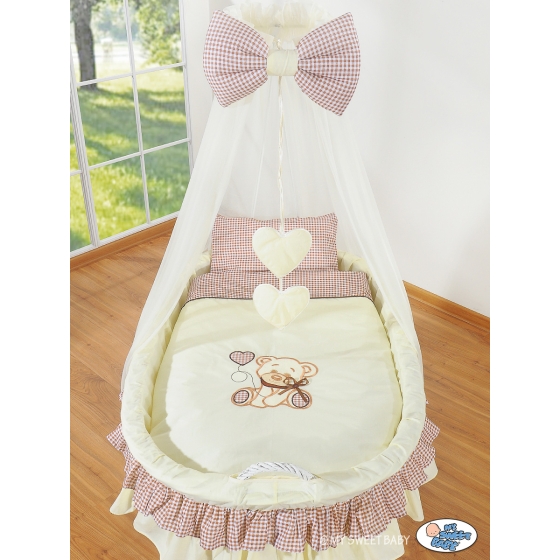 Baby Moses Basket on Wheels / Wicker drape crib- Bear with bow brown