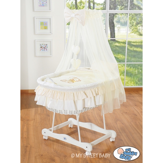 Baby Moses Basket on Wheels / Wicker drape crib- Bear with bow cream