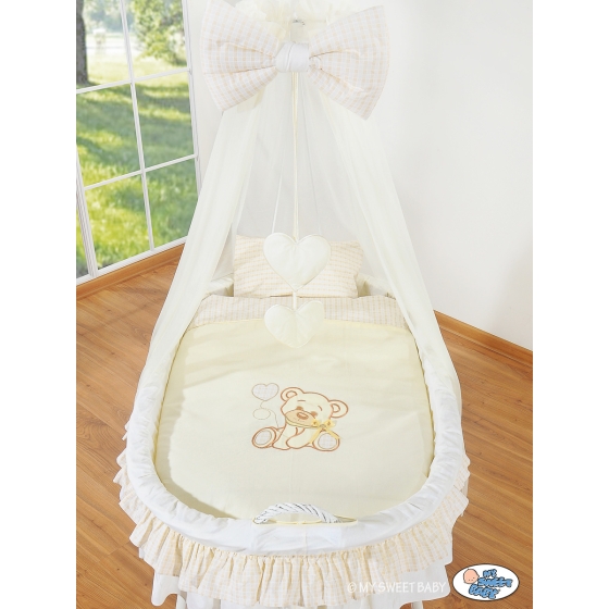 Baby Moses Basket on Wheels / Wicker drape crib- Bear with bow cream