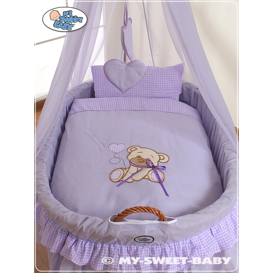 Baby Moses Basket on Wheels / Wicker drape crib- Bear with bow lilac