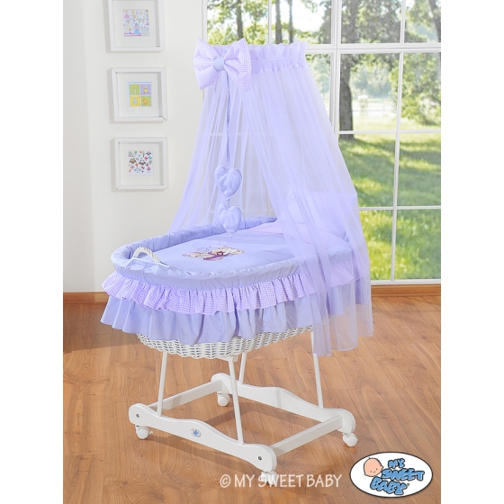 Baby Moses Basket on Wheels / Wicker drape crib- Bear with bow lilac