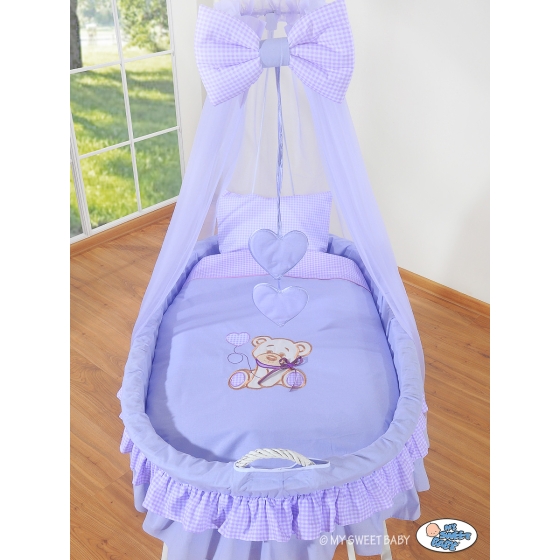 Baby Moses Basket on Wheels / Wicker drape crib- Bear with bow lilac
