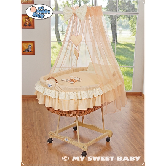 Baby Moses Basket on Wheels / Wicker drape crib- Bear with bow peach