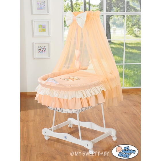 Baby Moses Basket on Wheels / Wicker drape crib- Bear with bow peach