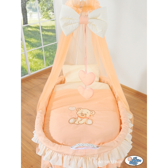 Baby Moses Basket on Wheels / Wicker drape crib- Bear with bow peach