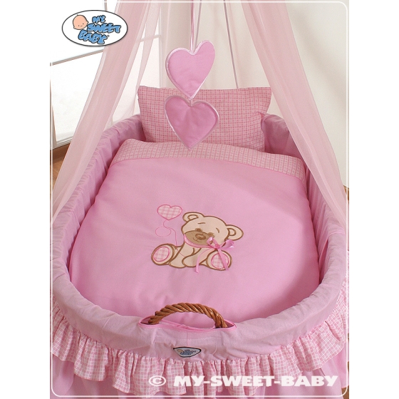Baby Moses Basket on Wheels / Wicker drape crib- Bear with bow pink
