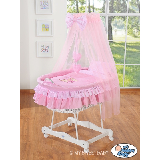 Baby Moses Basket on Wheels / Wicker drape crib- Bear with bow pink