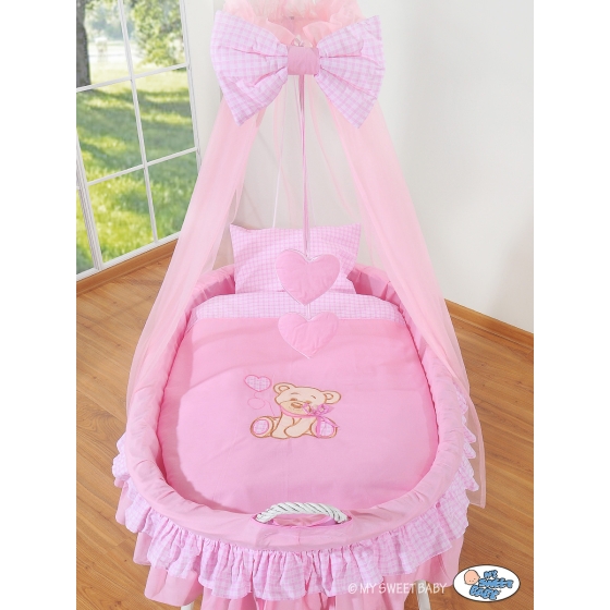 Baby Moses Basket on Wheels / Wicker drape crib- Bear with bow pink