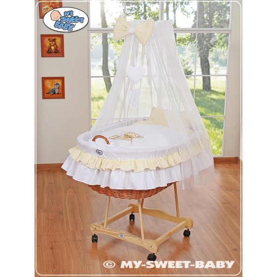 Baby Moses Basket on Wheels / Wicker drape crib- Bear with bow white