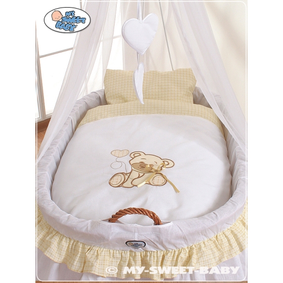 Baby Moses Basket on Wheels / Wicker drape crib- Bear with bow white