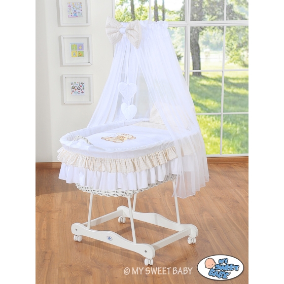Baby Moses Basket on Wheels / Wicker drape crib- Bear with bow white