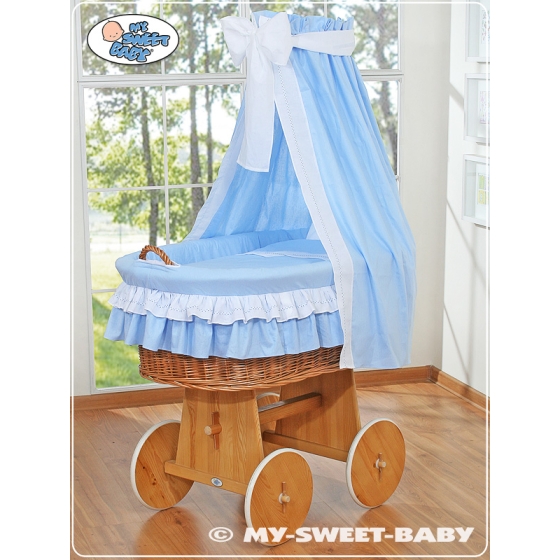 Baby Moses Basket on Wheels / Wicker drape crib- Bellamy Blue