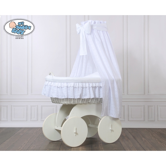 Baby Moses Basket on Wheels / Wicker drape crib Charlotte White Embroidered Bedding Set no 70202White Bedding Set