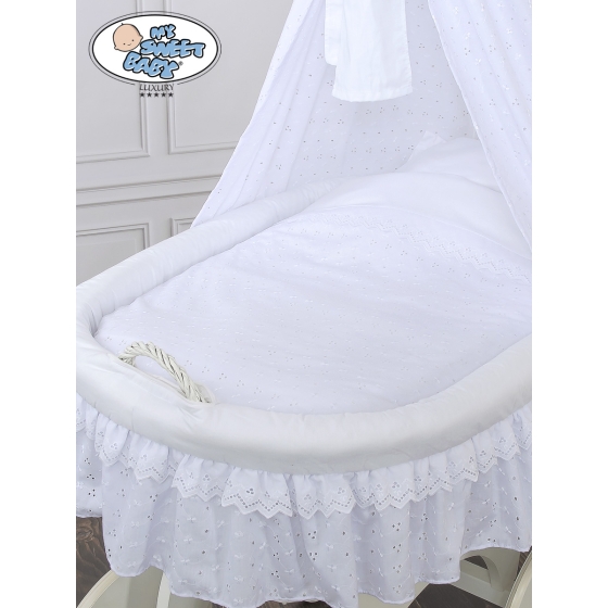 Baby Moses Basket on Wheels / Wicker drape crib Charlotte White Embroidered Bedding Set no 70202White Bedding Set