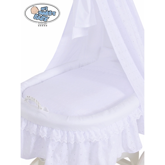 Baby Moses Basket on Wheels / Wicker drape crib Charlotte White Embroidered Bedding Set no 70202White Bedding Set