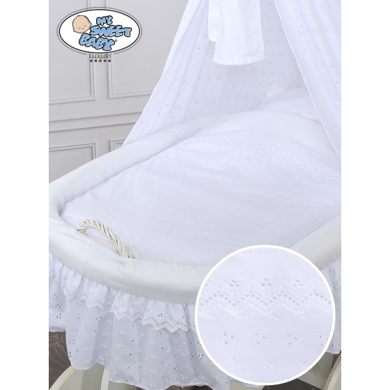 Baby Moses Basket on Wheels / Wicker drape crib Charlotte White Embroidered Bedding Set no 70202White Bedding Set