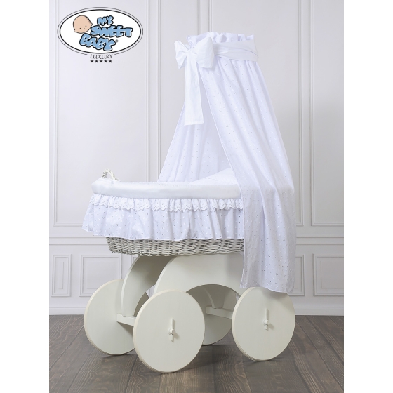Baby Moses Basket on Wheels / Wicker drape crib Charlotte White Embroidered Bedding Set no 70202White Bedding Set