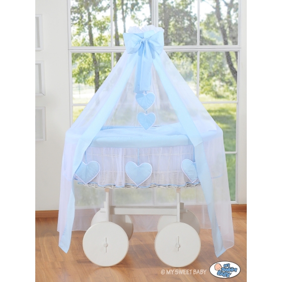 Baby Moses Basket on Wheels / Wicker drape crib Deluxe- Amelie blue