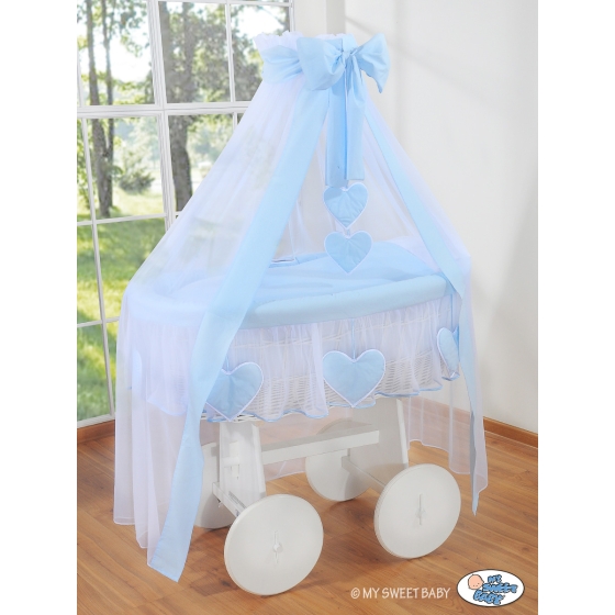 Baby Moses Basket on Wheels / Wicker drape crib Deluxe- Amelie blue