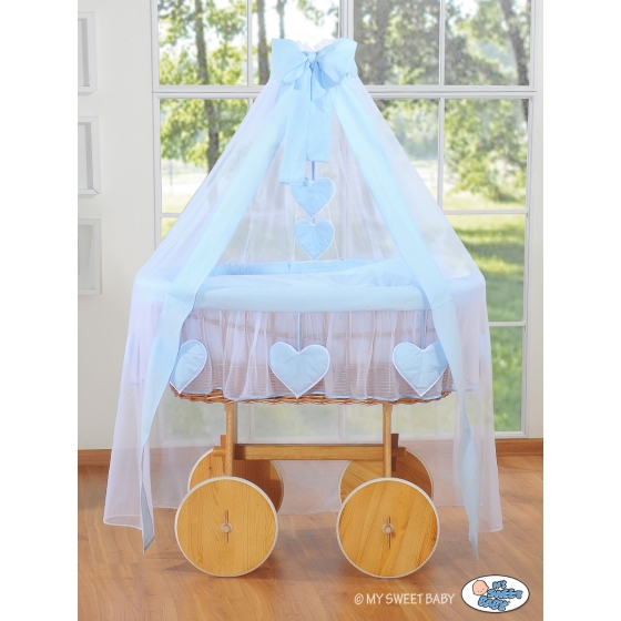 Baby Moses Basket on Wheels / Wicker drape crib Deluxe- Amelie blue