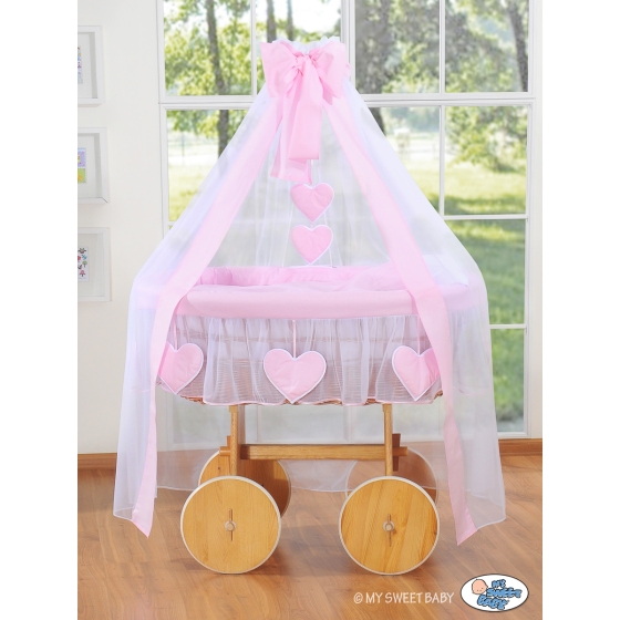Baby Moses Basket on Wheels / Wicker drape crib Deluxe- Amelie pink