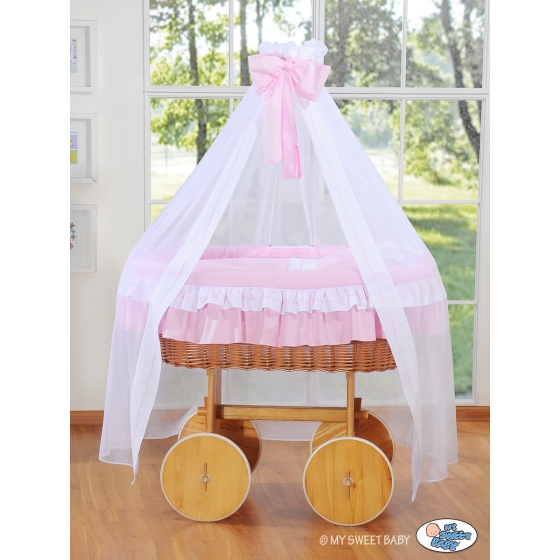 Baby Moses Basket on Wheels / Wicker drape crib Deluxe- Bellamy pink