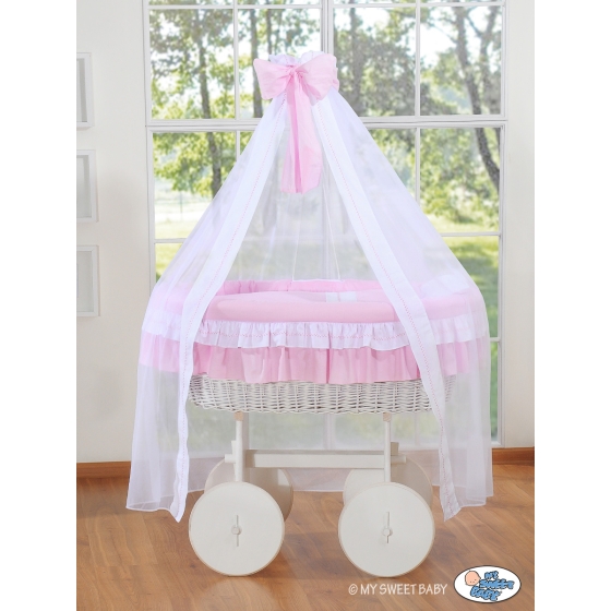 Baby Moses Basket on Wheels / Wicker drape crib Deluxe- Bellamy pink