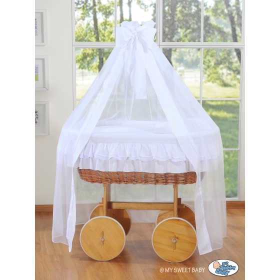 Baby Moses Basket on Wheels / Wicker drape crib Deluxe- Little Angel white