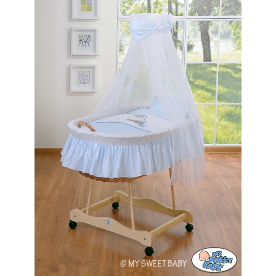 Baby Moses Basket on Wheels / Wicker drape crib- Donkey Luca blue