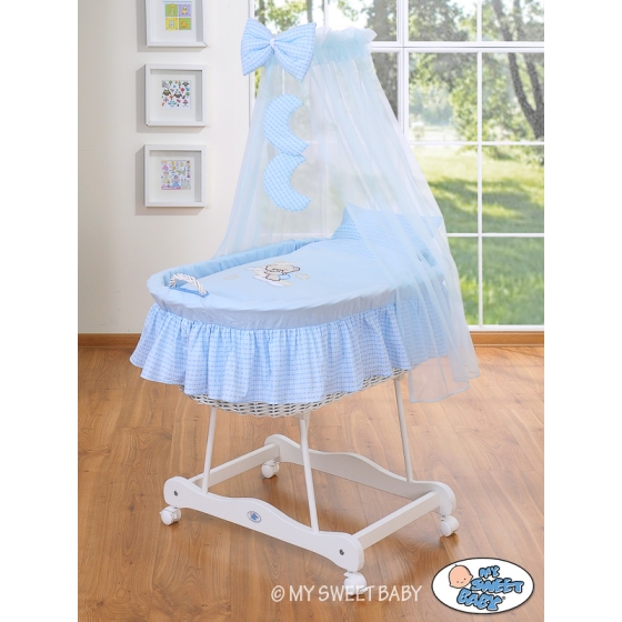 Baby Moses Basket on Wheels / Wicker drape crib- Good night blue