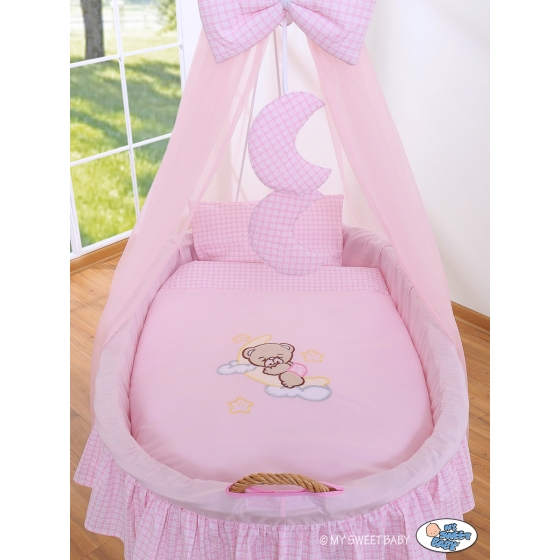 Baby Moses Basket on Wheels / Wicker drape crib- Good night pink
