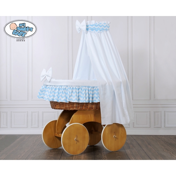 Baby Moses Basket on Wheels / Wicker drape crib Hannah - White cover with blue chevron