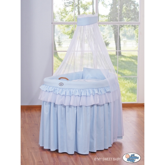 Baby Moses Basket on Wheels / Wicker drape crib- Little Prince/Princess blue