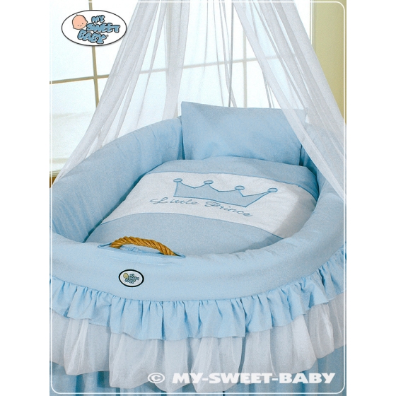 Baby Moses Basket on Wheels / Wicker drape crib- Little Prince/Princess blue