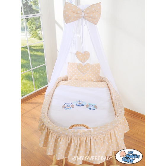 Baby Moses Basket on Wheels / Wicker drape crib- Owls beige