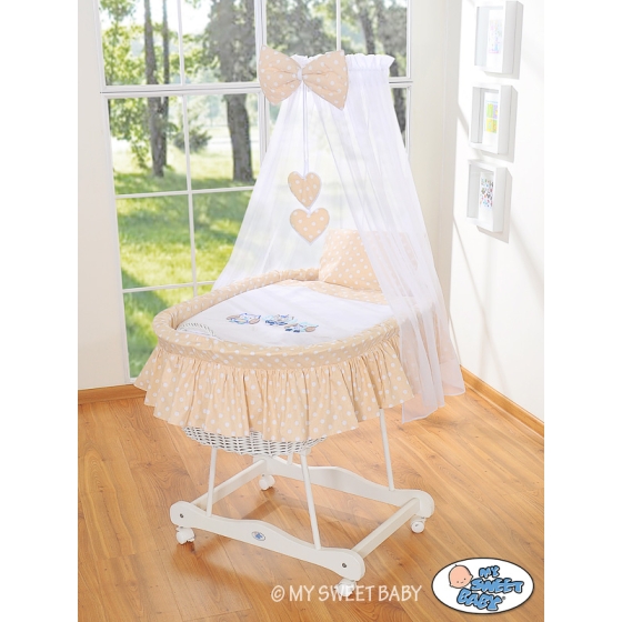 Baby Moses Basket on Wheels / Wicker drape crib- Owls beige
