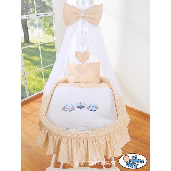 Baby Moses Basket on Wheels / Wicker drape crib- Owls beige